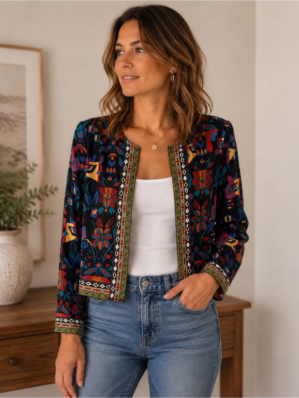 Emery Rose Open Front Floral Pattern Blazer Cardigan - Multi Size XS Boho